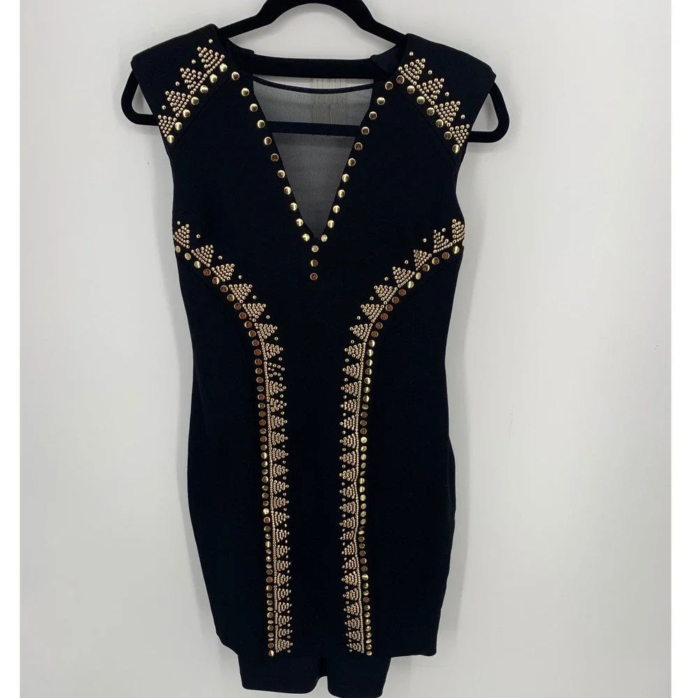 black bodycon dress with gold studs Cache Black Studded Bodycon Cocktail Dress Size 6 Gold Stud Mesh Insert